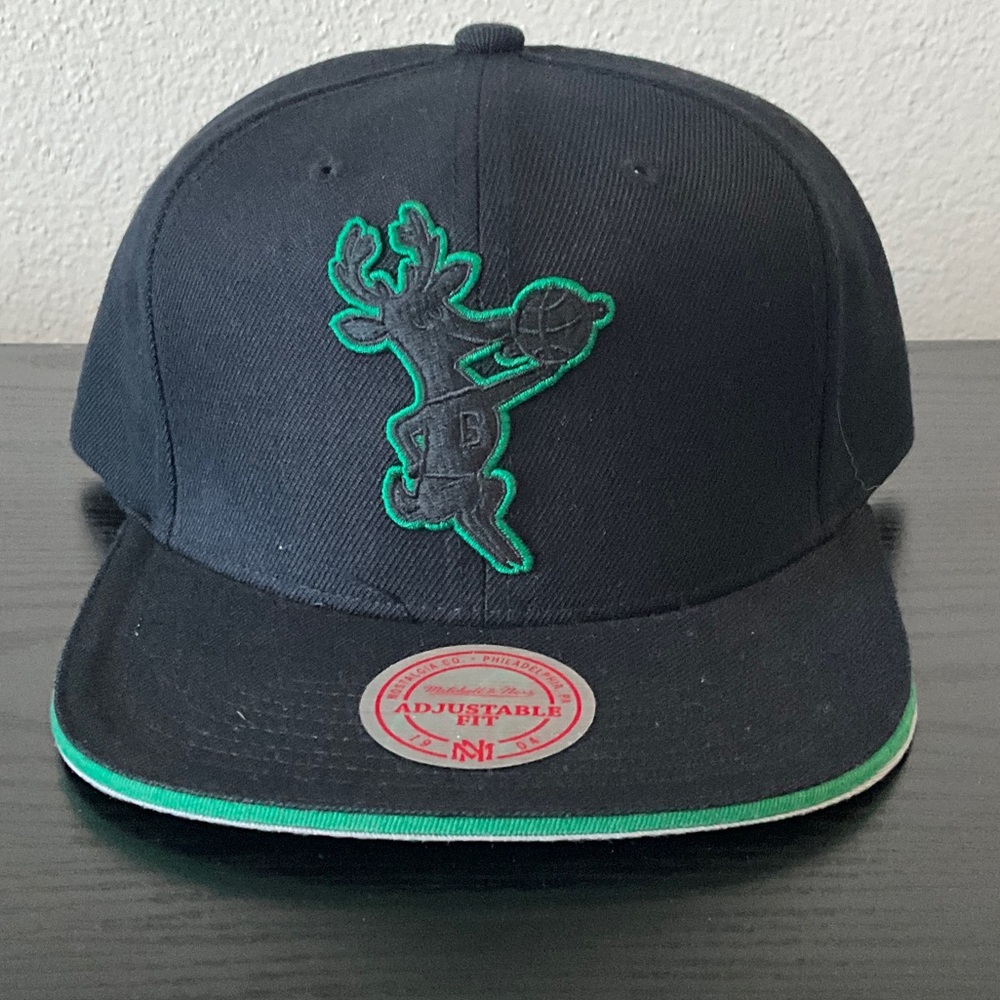 Mitchell & Ness Black Snapback Hat with Green Trim